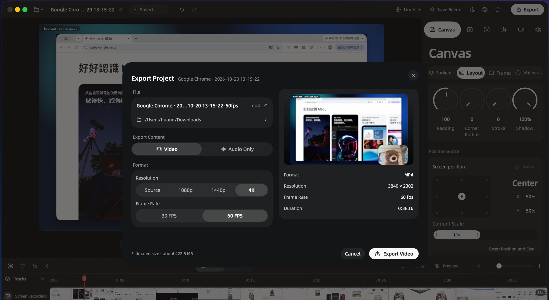 Bothcast export dialog: 4K 60fps settings with an estimated file size