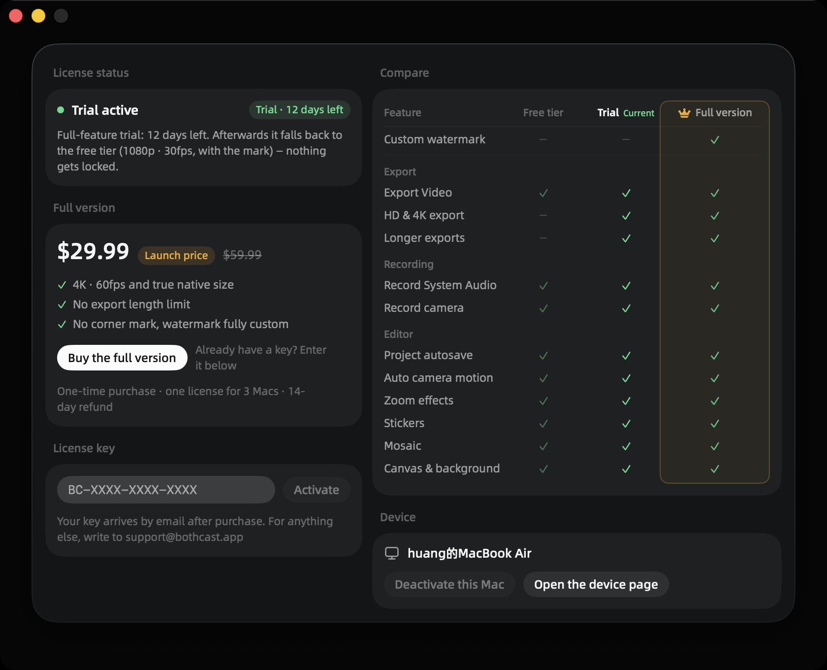 Bothcast license page: trial status, the $29.99 launch price and the free-tier comparison table