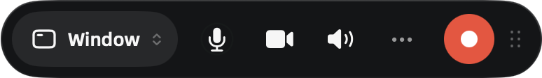 Bothcast floating recording bar: window picker, microphone, camera, system audio and the record button